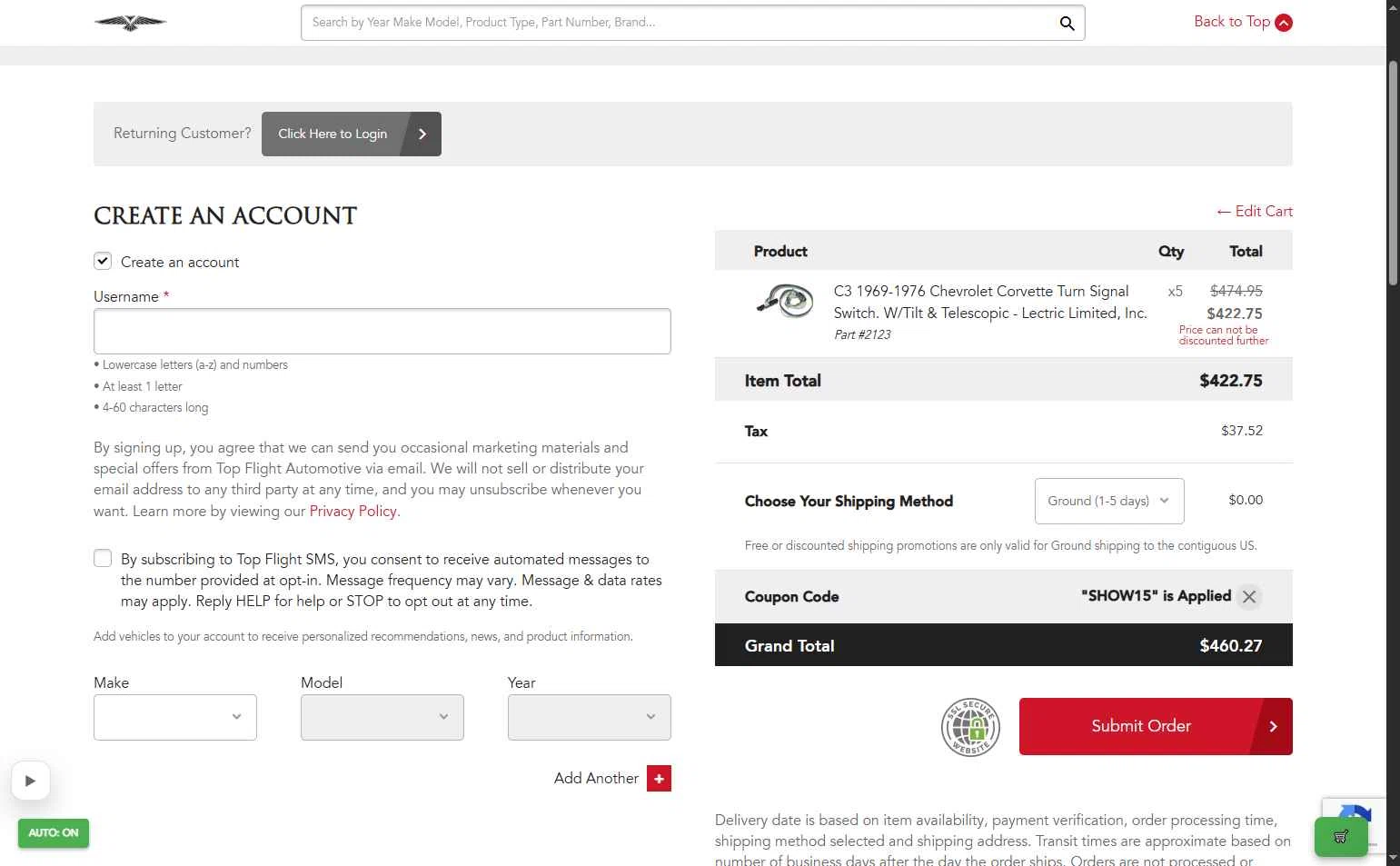 Top Flight Automotive checkout page showing Top Flight Automotive coupon code box | Screenshot taken by SimplyCodes community member on Jan 9, 2026