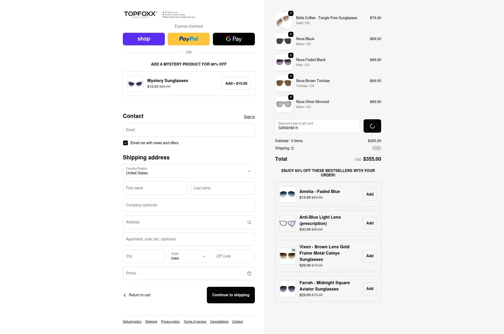 TopFoxx checkout page showing TopFoxx coupon code box | Screenshot taken by SimplyCodes community member on Feb 9, 2026