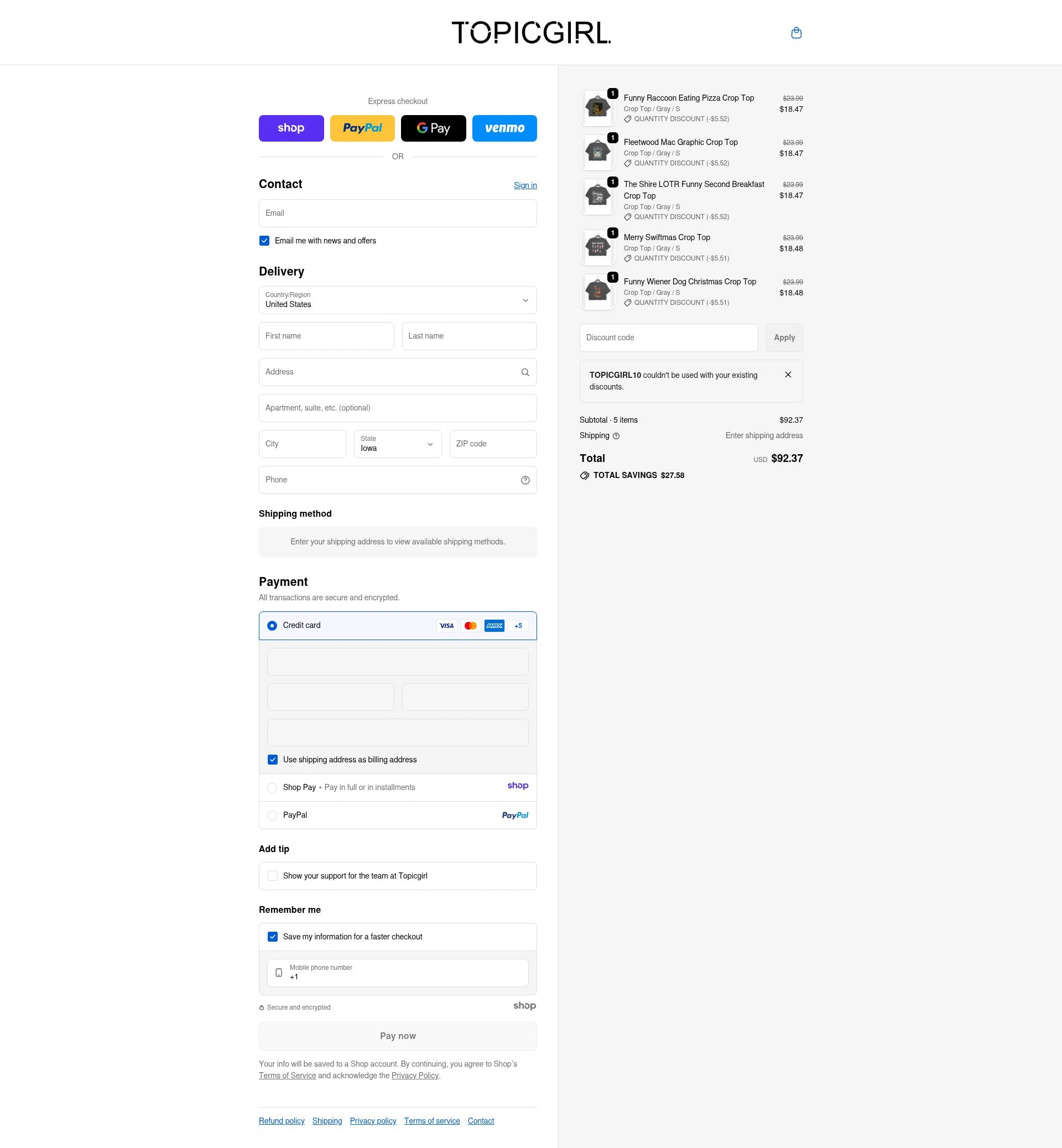 Topicgirl checkout page showing Topicgirl discount code box | Screenshot taken by SimplyCodes community member on Dec 28, 2025