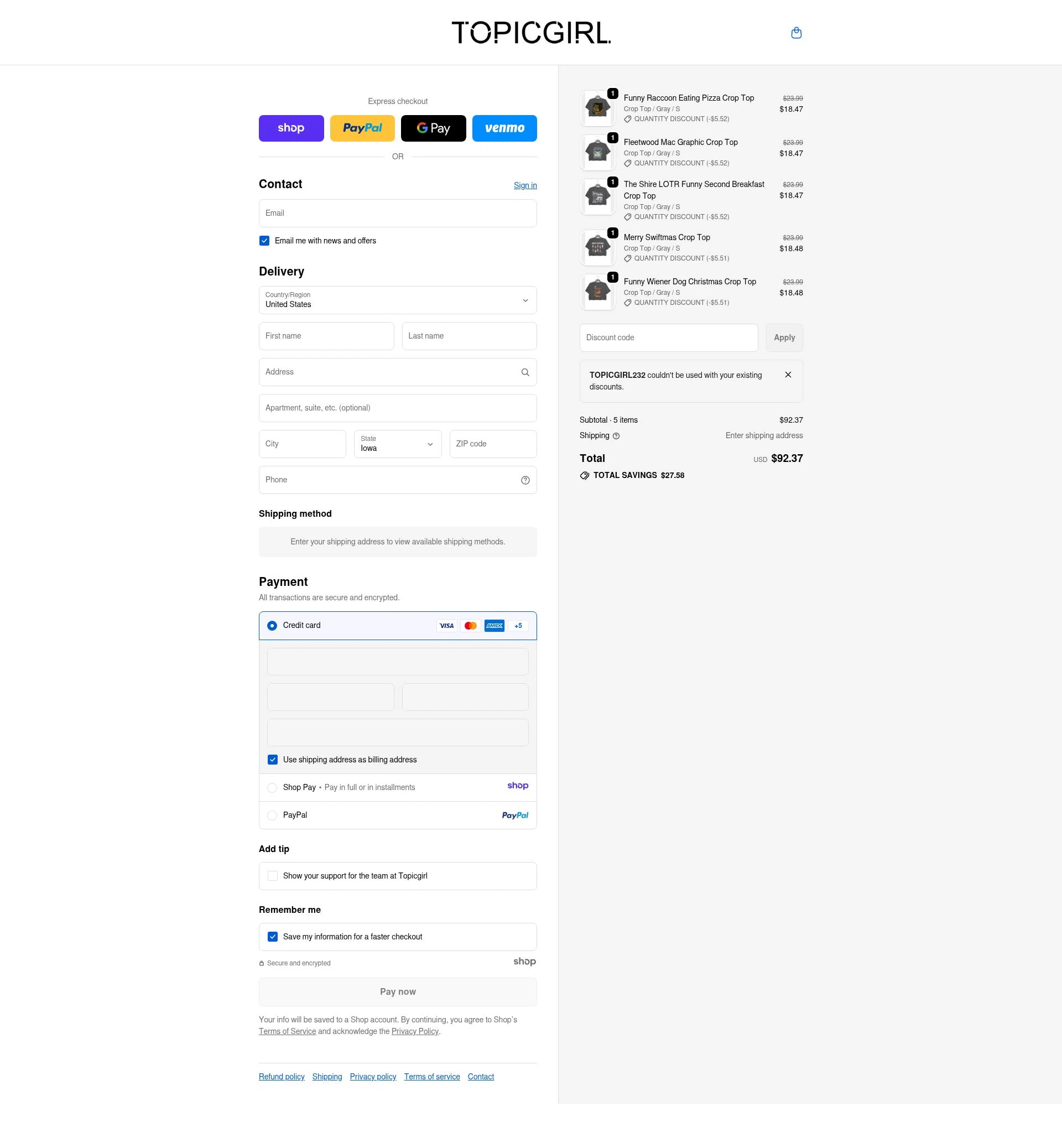 Topicgirl checkout page showing Topicgirl discount code box | Screenshot taken by SimplyCodes community member on Dec 28, 2025