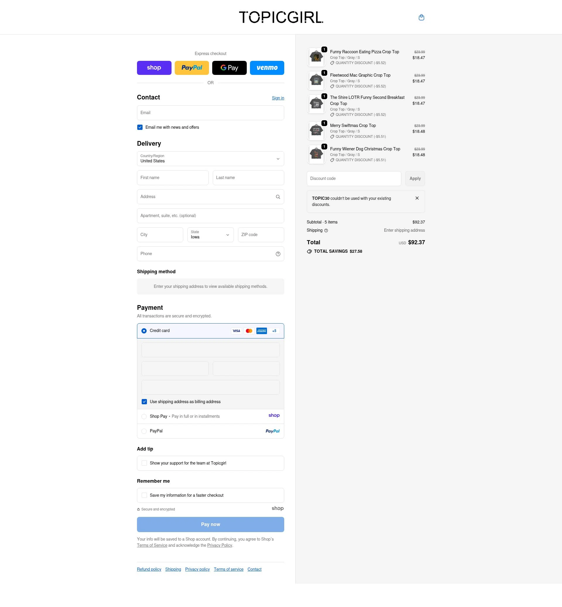 Topicgirl checkout page showing Topicgirl discount code box | Screenshot taken by SimplyCodes community member on Dec 28, 2025