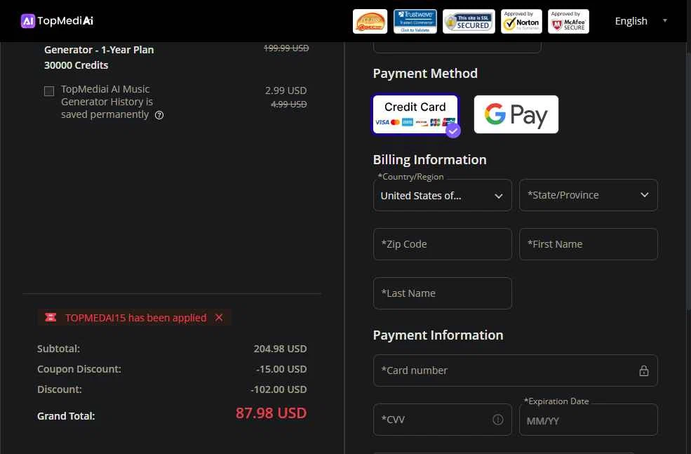 TopMediai checkout page showing TopMediai coupon code box | Screenshot taken by SimplyCodes community member on Jan 20, 2026