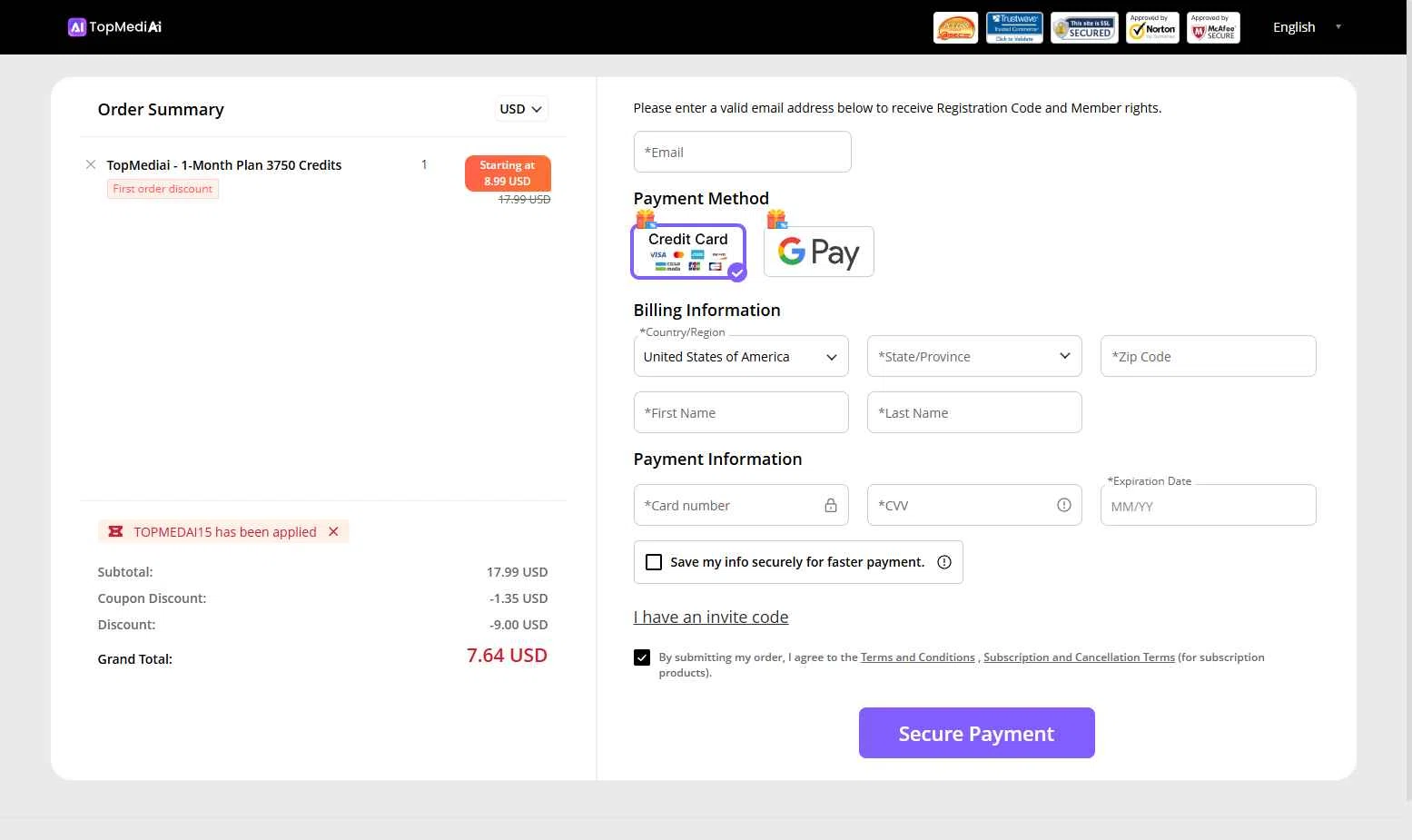 TopMediai checkout page showing TopMediai coupon code box | Screenshot taken by SimplyCodes community member on Jan 29, 2026