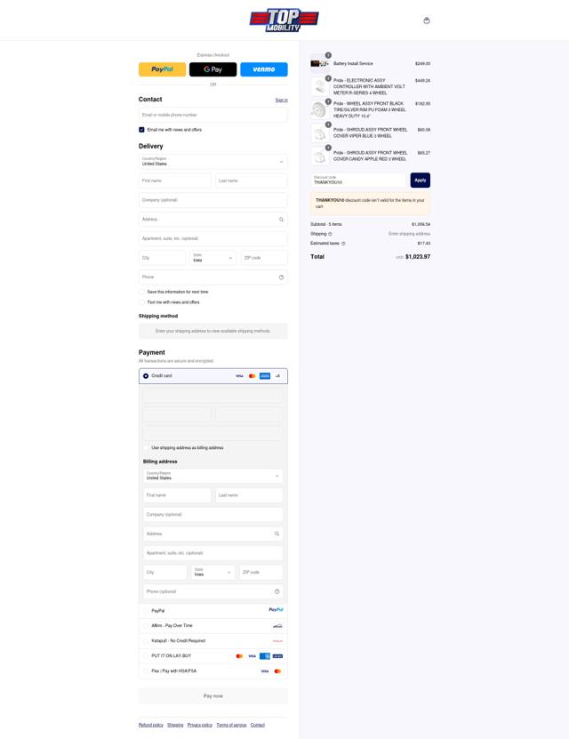 Top Mobility checkout page showing Top Mobility promo code box | Screenshot taken by SimplyCodes community member on Sep 12, 2025