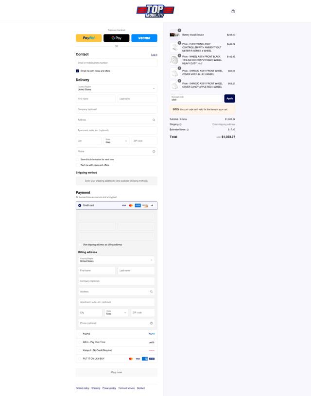 Top Mobility checkout page showing Top Mobility promo code box | Screenshot taken by SimplyCodes community member on Sep 9, 2025