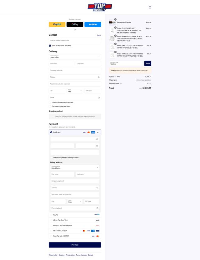 Top Mobility checkout page showing Top Mobility promo code box | Screenshot taken by SimplyCodes community member on Sep 12, 2025