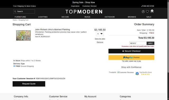 TopModern checkout page showing TopModern promo code box | Screenshot taken by SimplyCodes community member on Apr 28, 2025