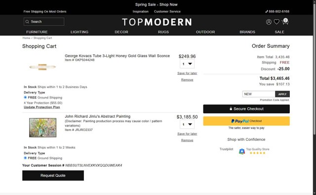 TopModern checkout page showing TopModern promo code box | Screenshot taken by SimplyCodes community member on Apr 28, 2025