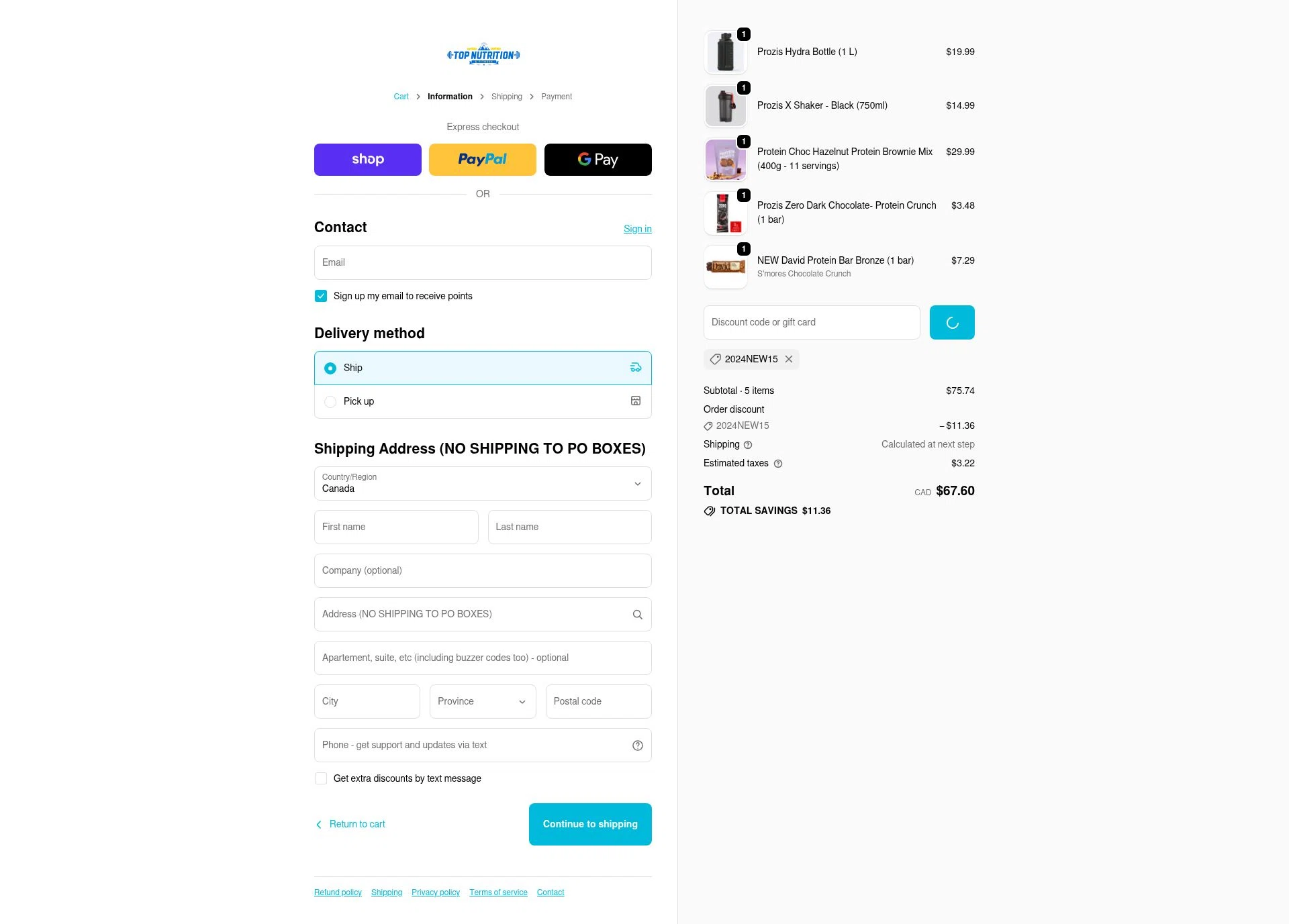 Top Nutrition and Fitness checkout page showing Top Nutrition and Fitness discount code box | Screenshot taken by SimplyCodes community member on Feb 7, 2026