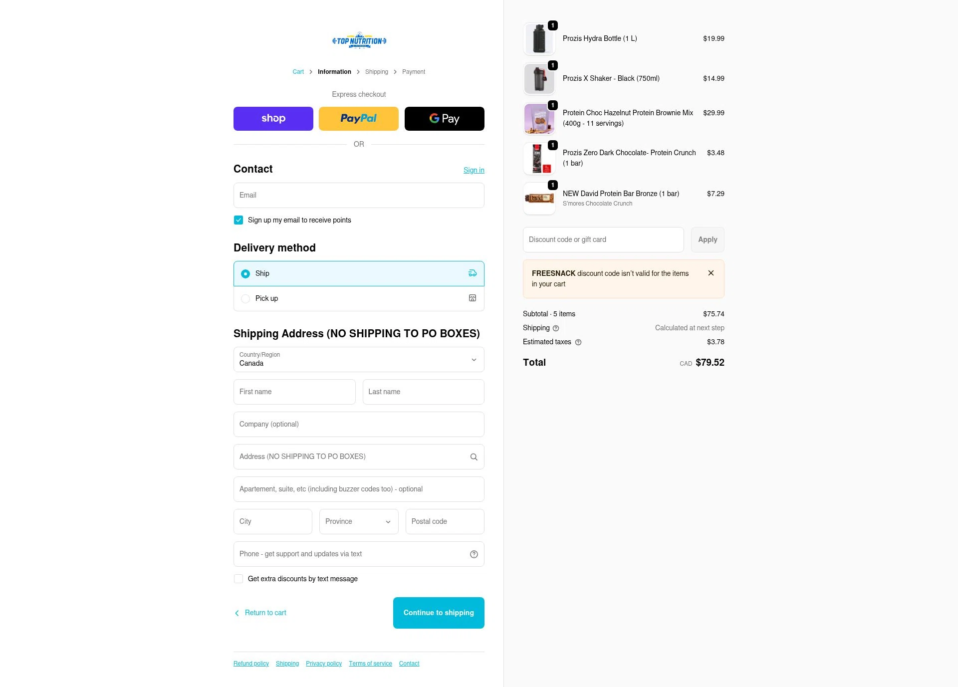 Top Nutrition and Fitness checkout page showing Top Nutrition and Fitness discount code box | Screenshot taken by SimplyCodes community member on Feb 7, 2026