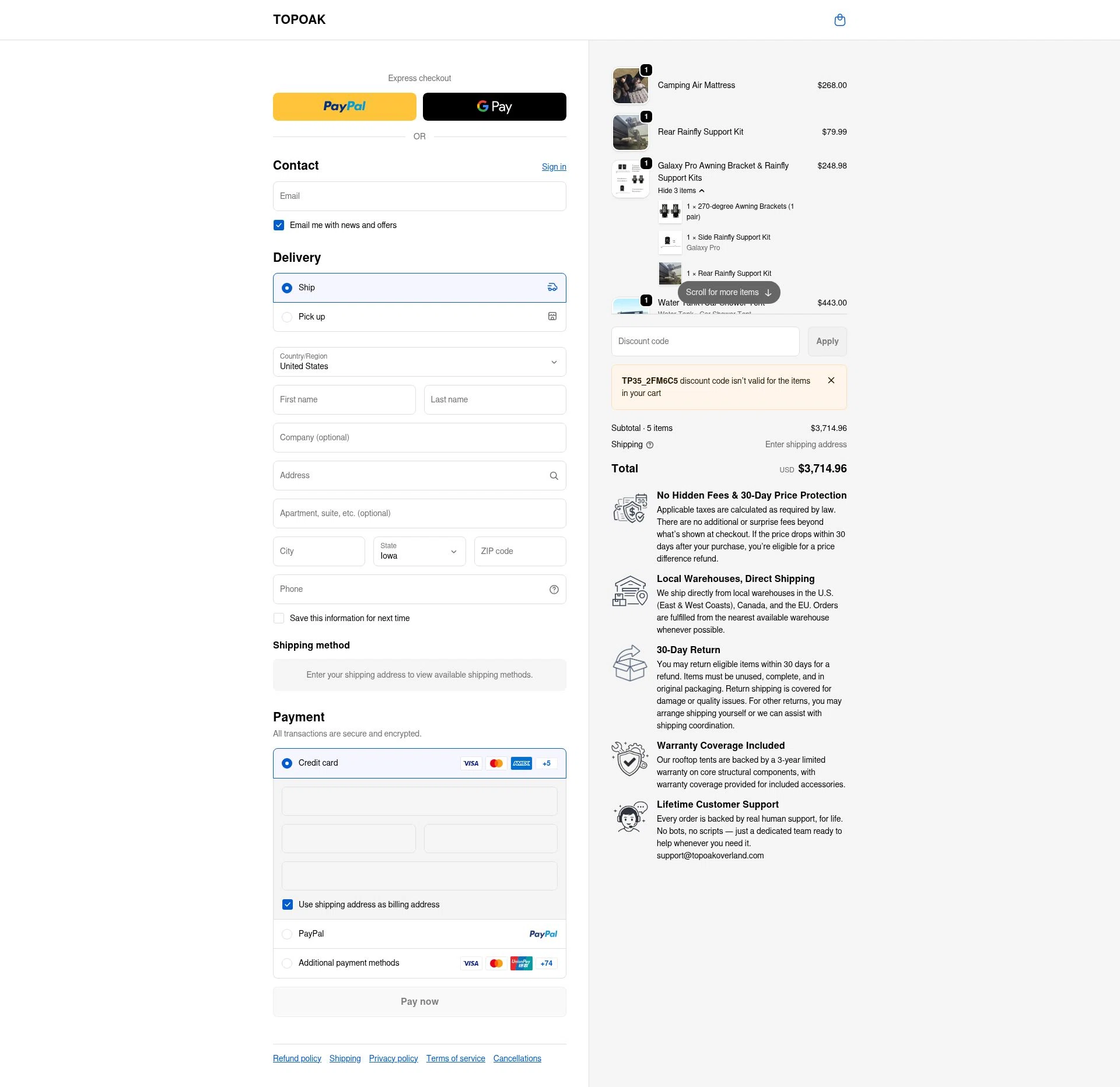 TopOak Overland checkout page showing TopOak Overland promo code box | Screenshot taken by SimplyCodes community member on Jan 7, 2026
