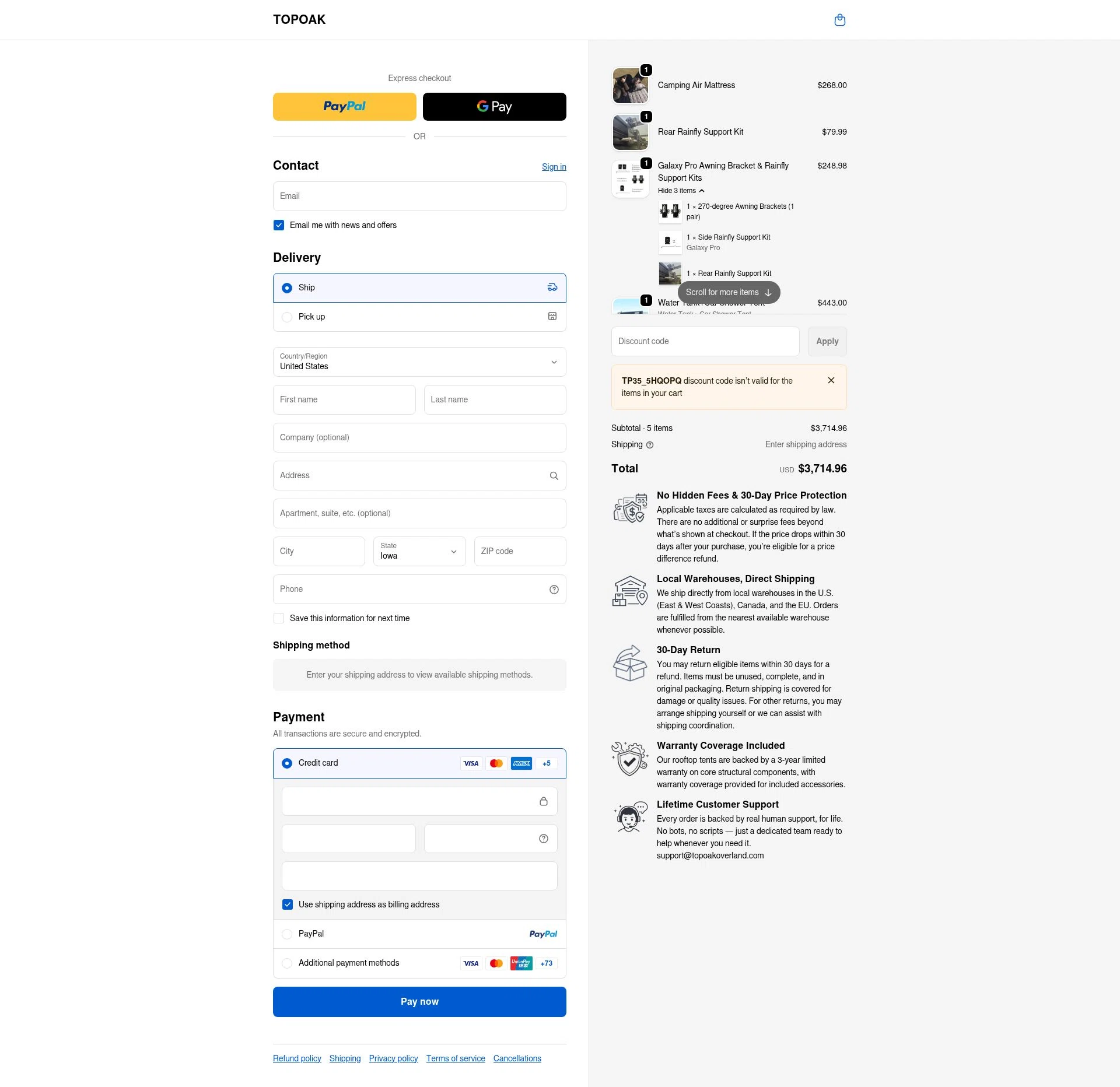 TopOak Overland checkout page showing TopOak Overland promo code box | Screenshot taken by SimplyCodes community member on Jan 2, 2026