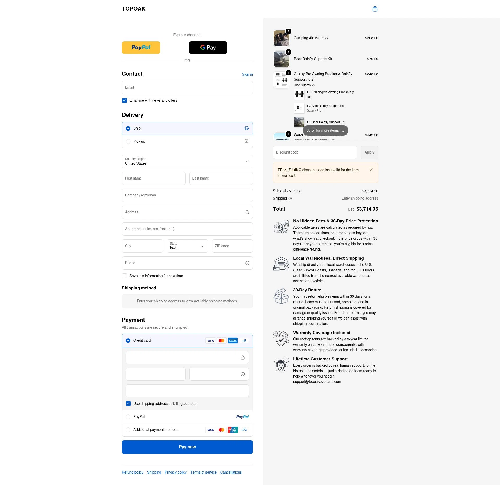 TopOak Overland checkout page showing TopOak Overland promo code box | Screenshot taken by SimplyCodes community member on Jan 2, 2026