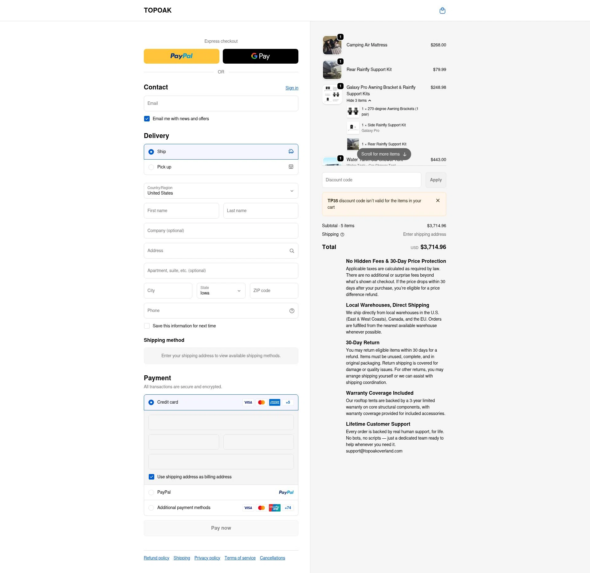 TopOak Overland checkout page showing TopOak Overland promo code box | Screenshot taken by SimplyCodes community member on Jan 7, 2026