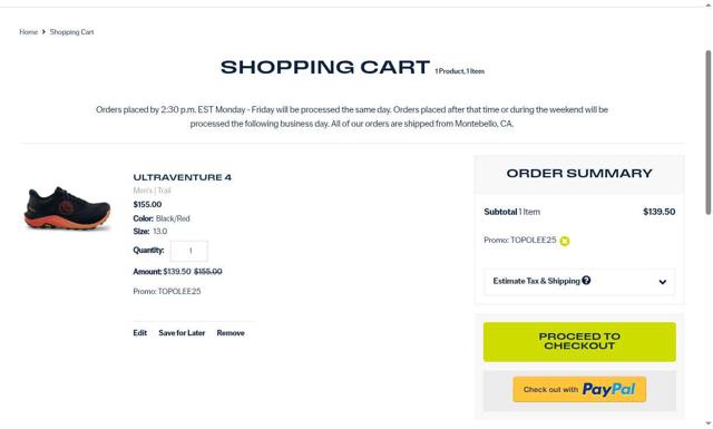 Topo Athletic checkout page showing Topo Athletic promo code box | Screenshot taken by SimplyCodes community member on Jul 29, 2025