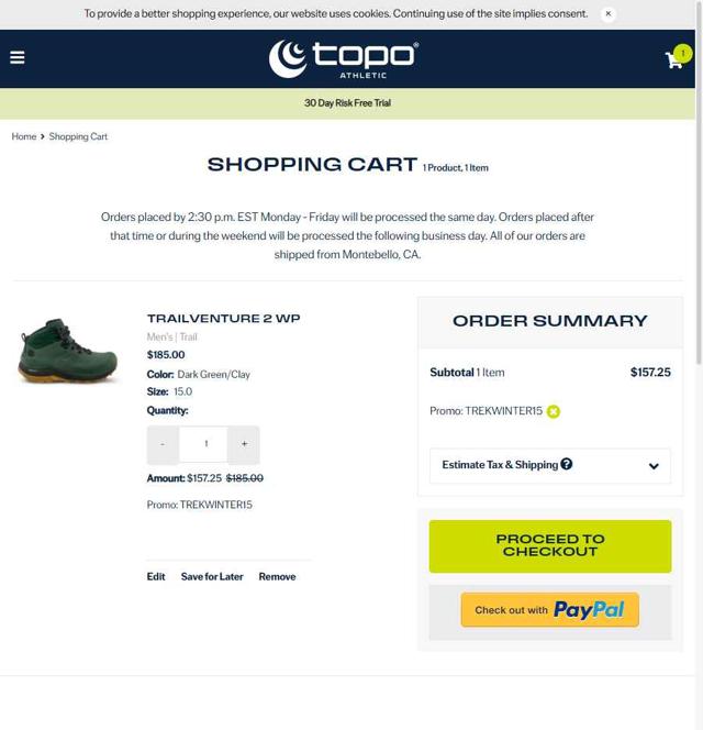 Topo Athletic checkout page showing Topo Athletic promo code box | Screenshot taken by SimplyCodes community member on Jul 24, 2025