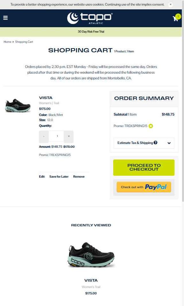 Topo Athletic checkout page showing Topo Athletic promo code box | Screenshot taken by SimplyCodes community member on Aug 1, 2025