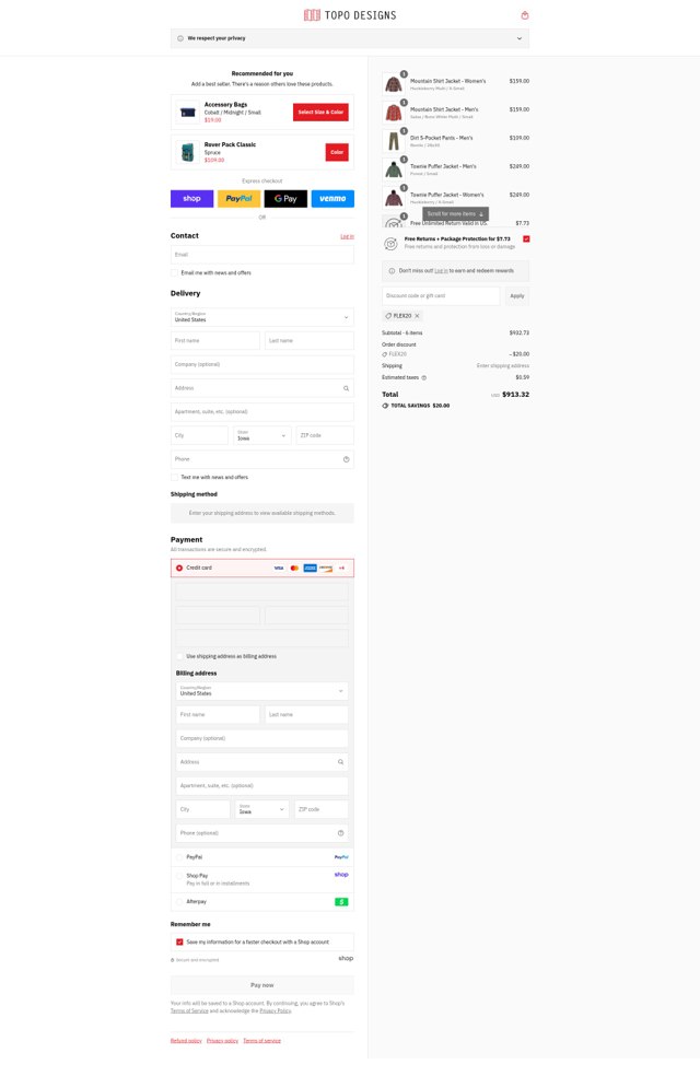 Topo Designs checkout page showing Topo Designs discount code box | Screenshot taken by SimplyCodes community member on Sep 3, 2025