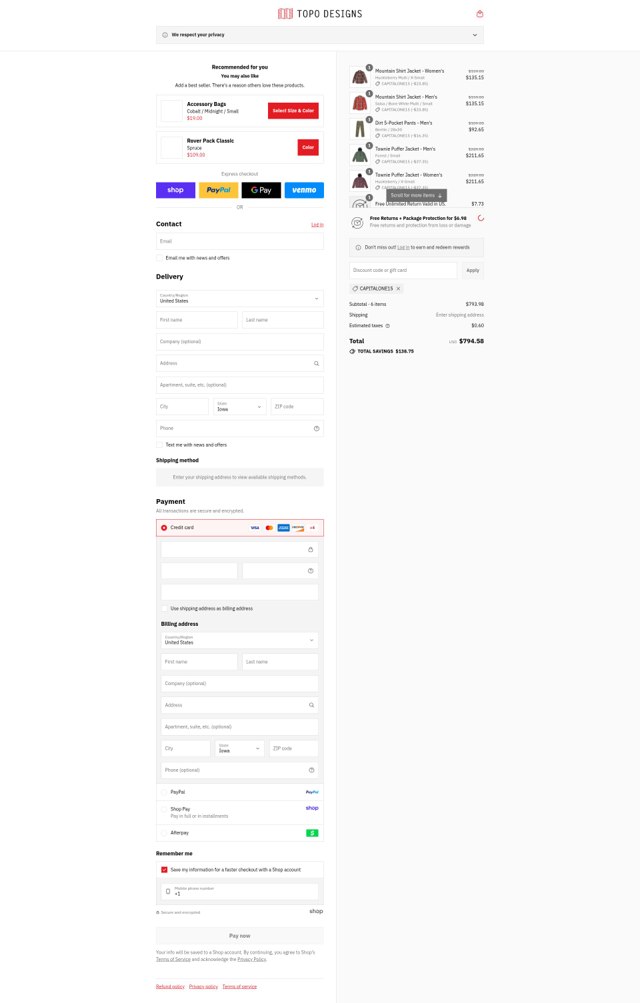 Topo Designs checkout page showing Topo Designs discount code box | Screenshot taken by SimplyCodes community member on Sep 4, 2025