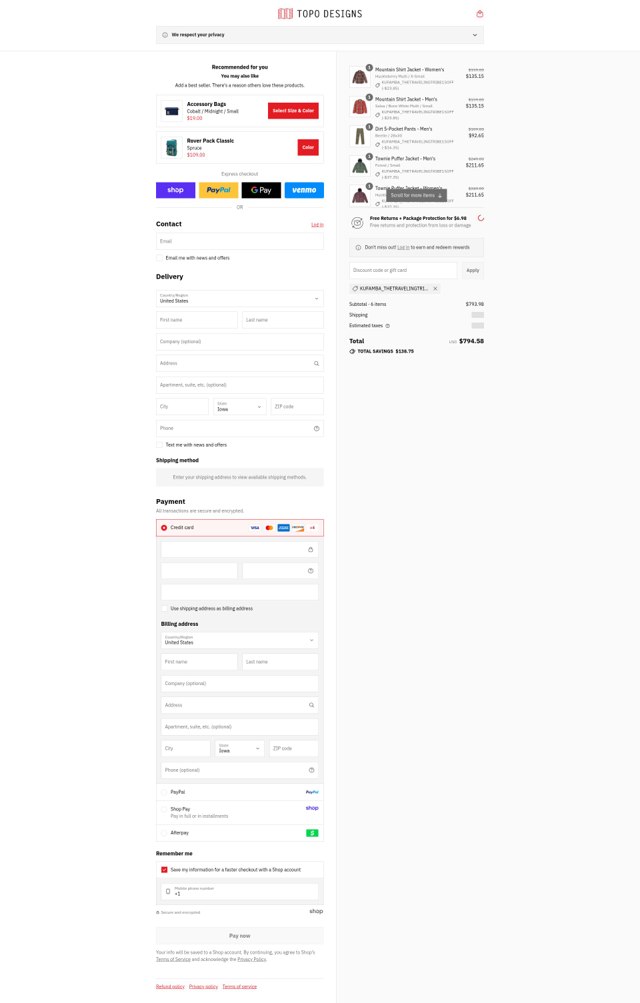 Topo Designs checkout page showing Topo Designs discount code box | Screenshot taken by SimplyCodes community member on Sep 4, 2025