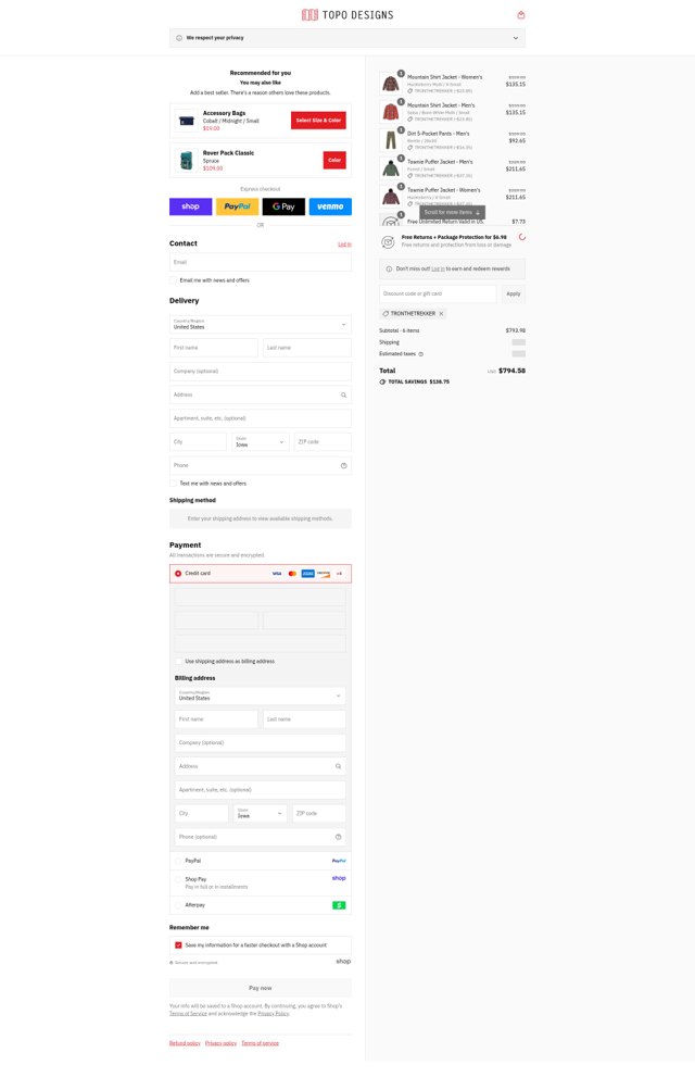 Topo Designs checkout page showing Topo Designs discount code box | Screenshot taken by SimplyCodes community member on Sep 4, 2025
