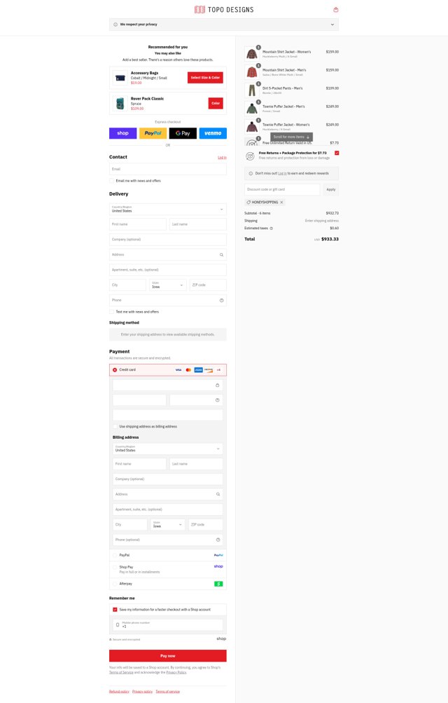 Topo Designs checkout page showing Topo Designs discount code box | Screenshot taken by SimplyCodes community member on Sep 4, 2025