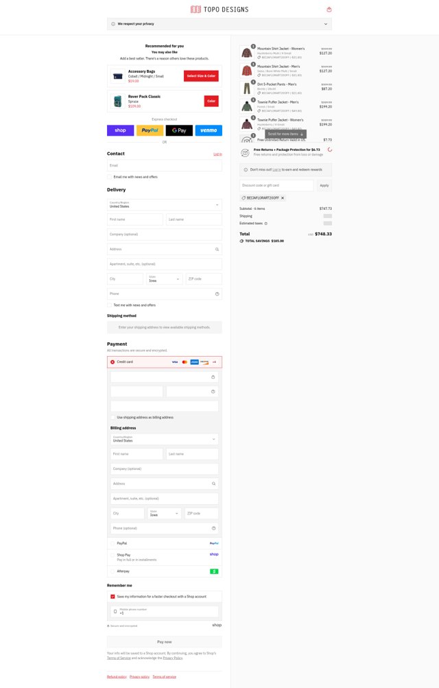 Topo Designs checkout page showing Topo Designs discount code box | Screenshot taken by SimplyCodes community member on Sep 4, 2025