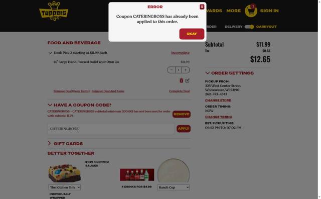 Toppers checkout page showing Toppers coupon code box | Screenshot taken by SimplyCodes community member on Jul 3, 2025