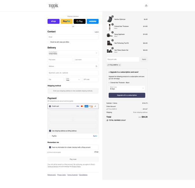 Toppik checkout page showing Toppik promo code box | Screenshot taken by SimplyCodes community member on Sep 7, 2025