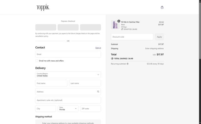 Toppik checkout page showing Toppik promo code box | Screenshot taken by SimplyCodes community member on Sep 10, 2025
