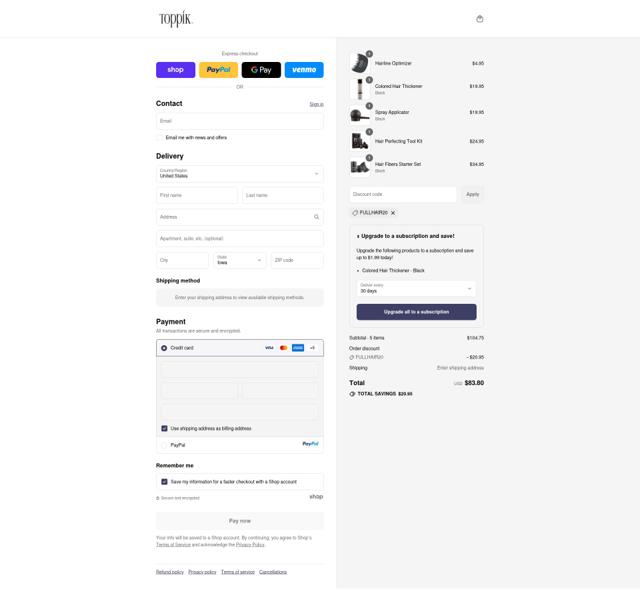 Toppik checkout page showing Toppik promo code box | Screenshot taken by SimplyCodes community member on Sep 11, 2025