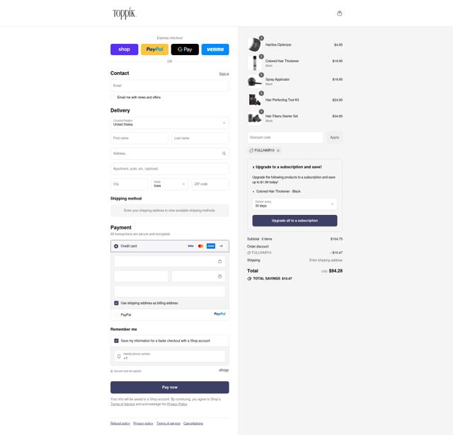 Toppik checkout page showing Toppik promo code box | Screenshot taken by SimplyCodes community member on Sep 11, 2025