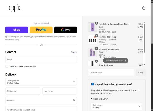 Toppik checkout page showing Toppik promo code box | Screenshot taken by SimplyCodes community member on Sep 10, 2025