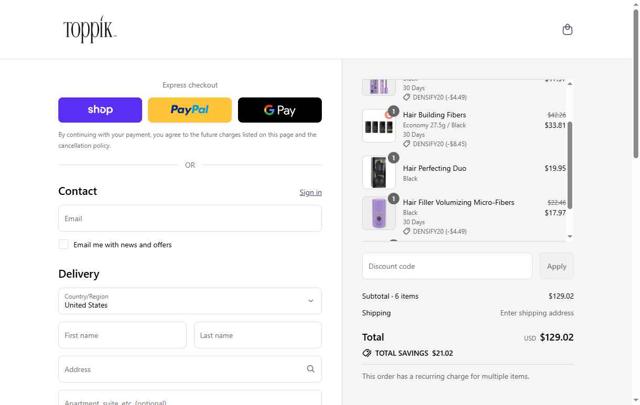 Toppik checkout page showing Toppik promo code box | Screenshot taken by SimplyCodes community member on Sep 10, 2025