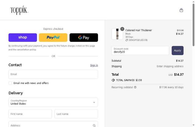 Toppik checkout page showing Toppik promo code box | Screenshot taken by SimplyCodes community member on Sep 10, 2025