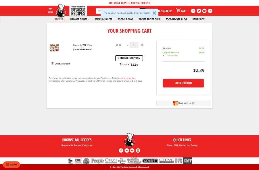Top Secret Recipes checkout page showing Top Secret Recipes coupon code box | Screenshot taken by SimplyCodes community member on Jul 5, 2025