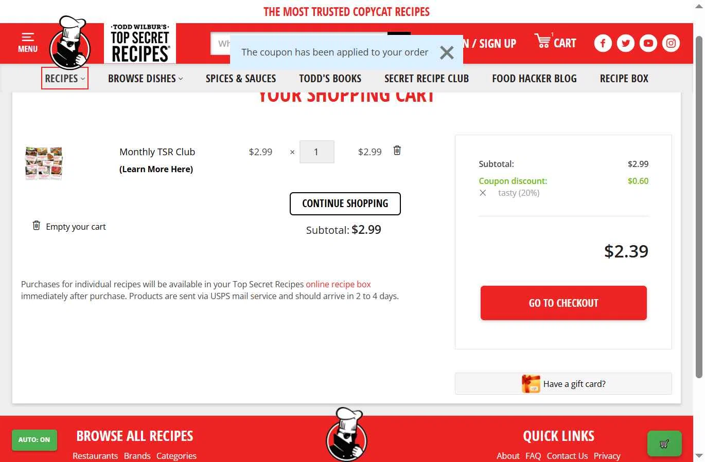 Top Secret Recipes checkout page showing Top Secret Recipes coupon code box | Screenshot taken by SimplyCodes community member on Sep 30, 2025