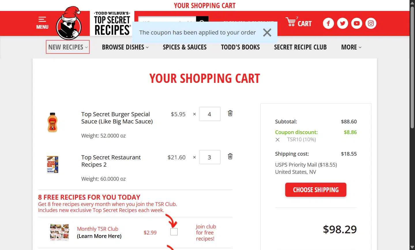 Top Secret Recipes checkout page showing Top Secret Recipes coupon code box | Screenshot taken by SimplyCodes community member on Dec 10, 2025