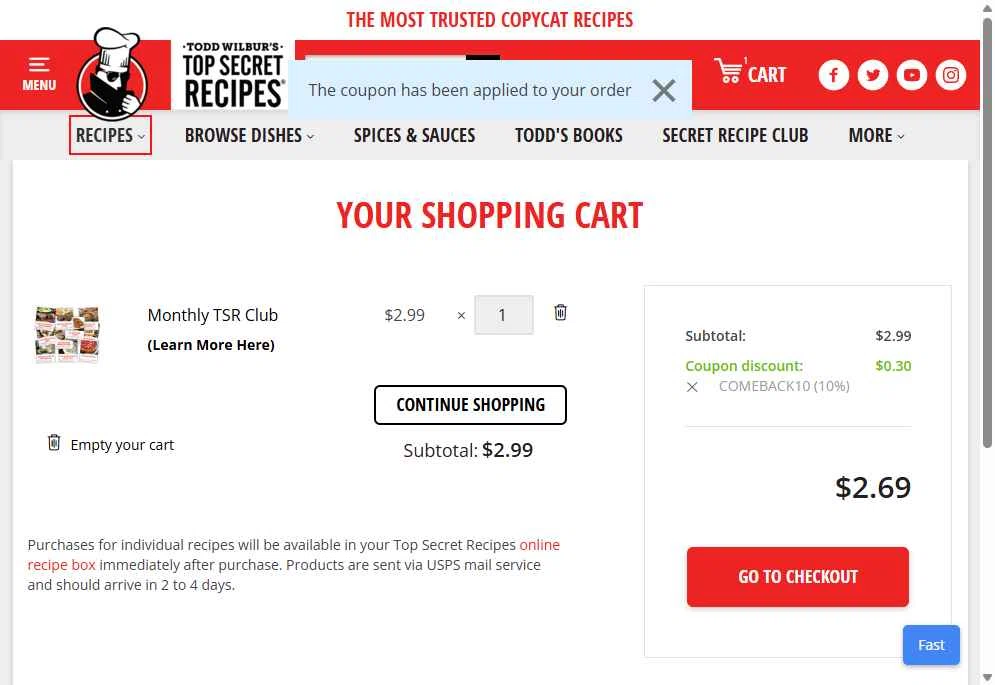 Top Secret Recipes checkout page showing Top Secret Recipes coupon code box | Screenshot taken by SimplyCodes community member on Jul 10, 2025