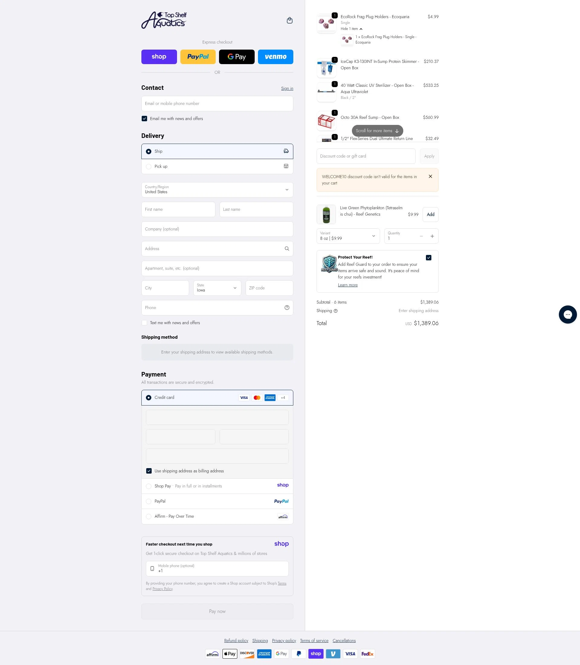 Top Shelf Aquatics checkout page showing Top Shelf Aquatics coupon code box | Screenshot taken by SimplyCodes community member on Jan 13, 2026
