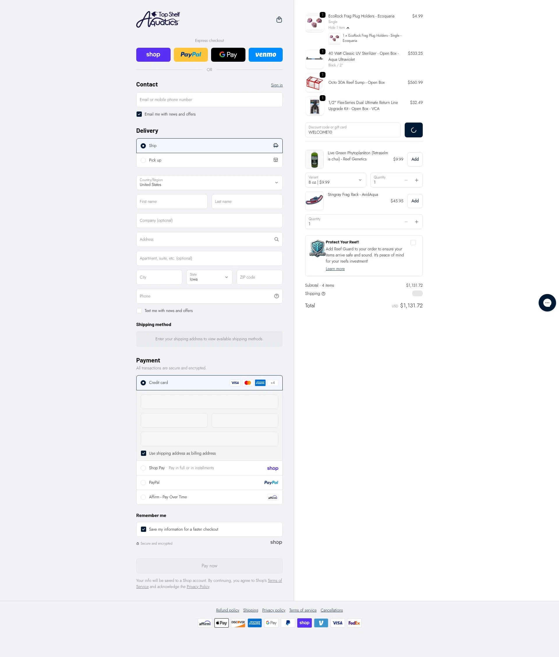 Top Shelf Aquatics checkout page showing Top Shelf Aquatics coupon code box | Screenshot taken by SimplyCodes community member on Jan 23, 2026