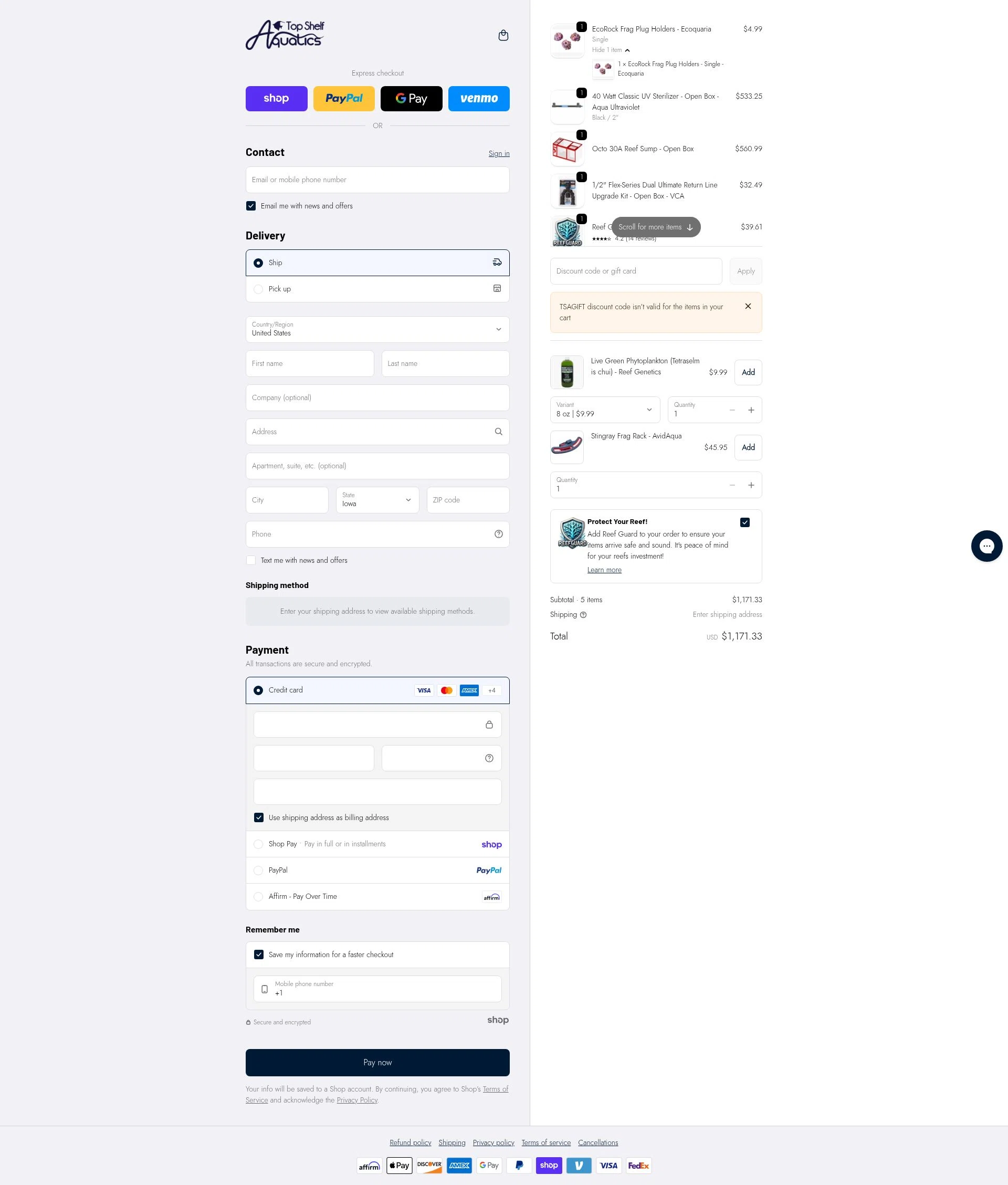 Top Shelf Aquatics checkout page showing Top Shelf Aquatics coupon code box | Screenshot taken by SimplyCodes community member on Jan 23, 2026