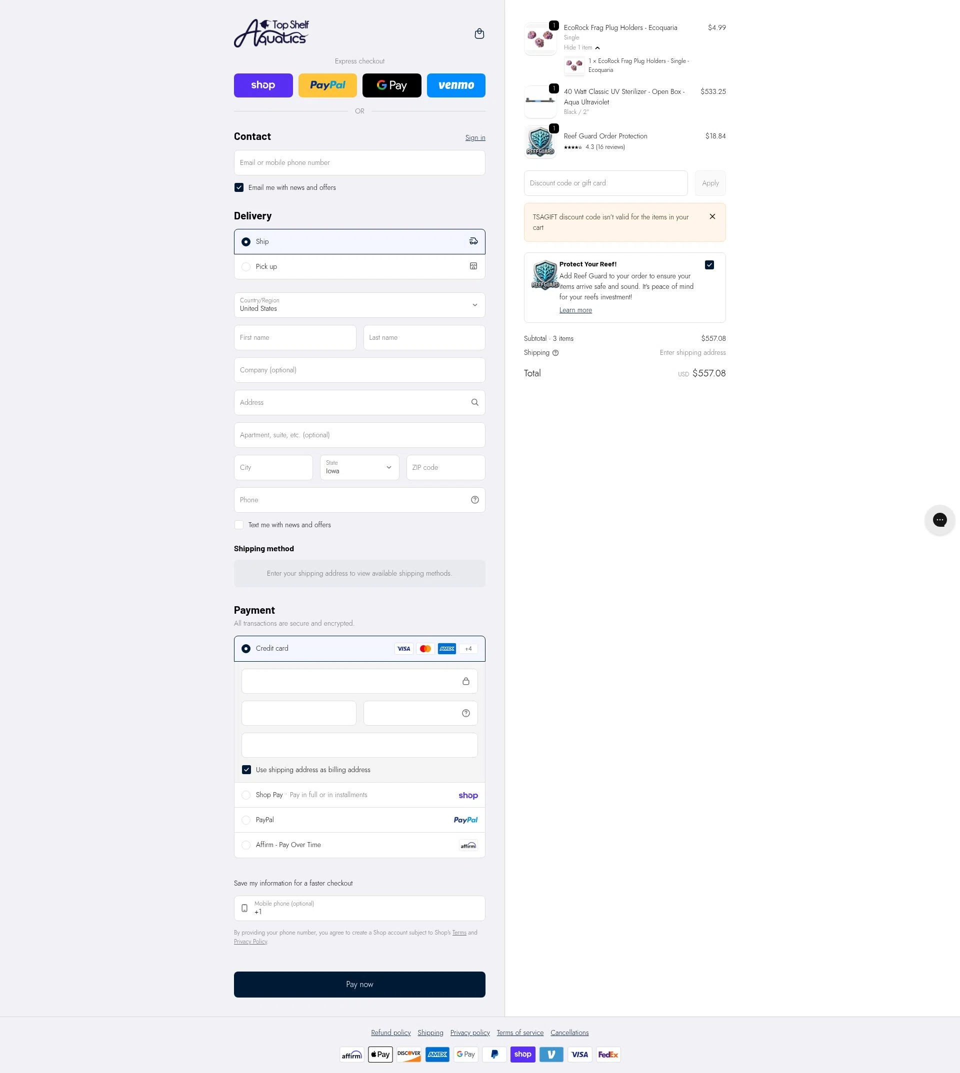 Top Shelf Aquatics checkout page showing Top Shelf Aquatics coupon code box | Screenshot taken by SimplyCodes community member on Feb 5, 2026