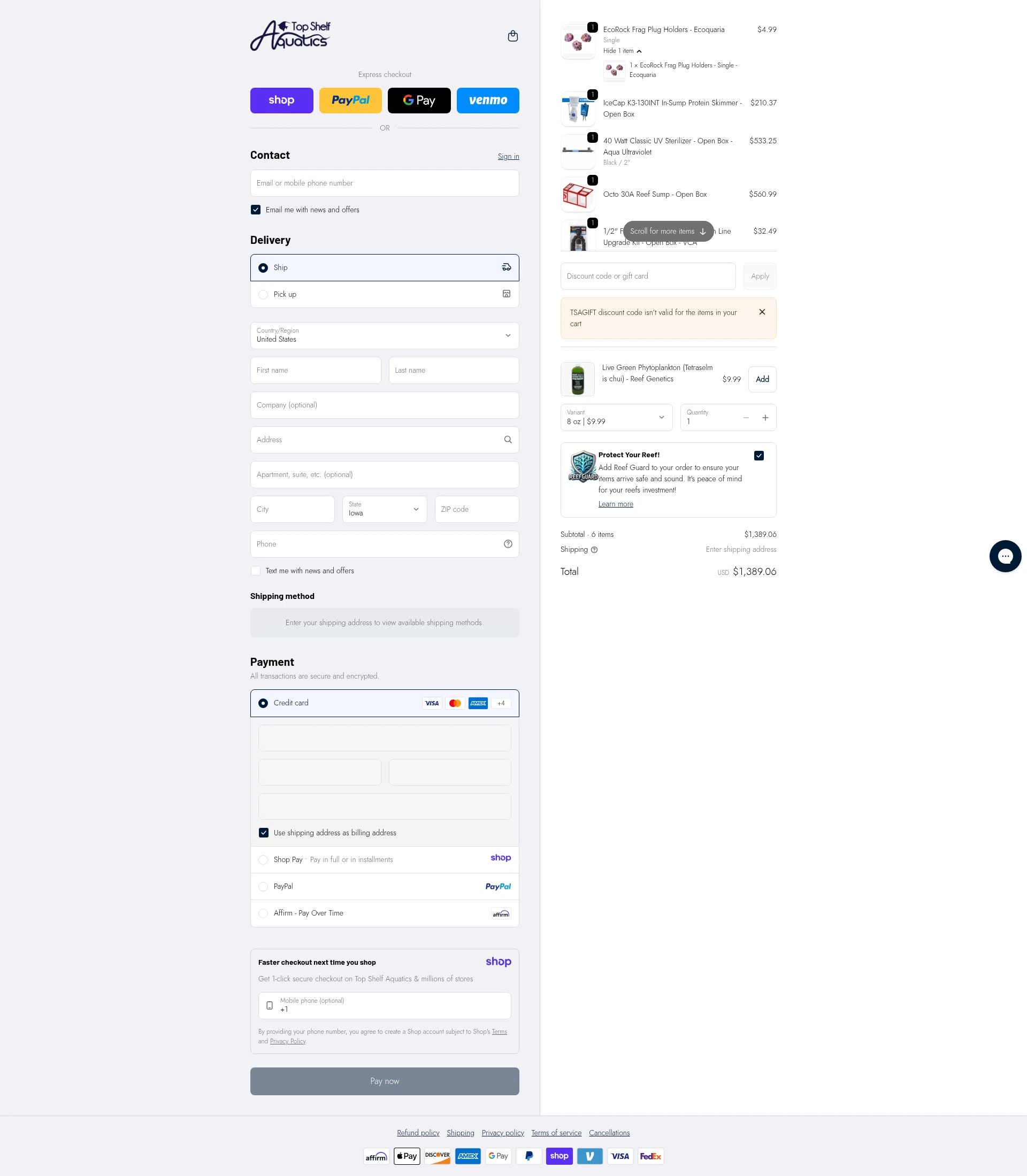 Top Shelf Aquatics checkout page showing Top Shelf Aquatics coupon code box | Screenshot taken by SimplyCodes community member on Jan 13, 2026