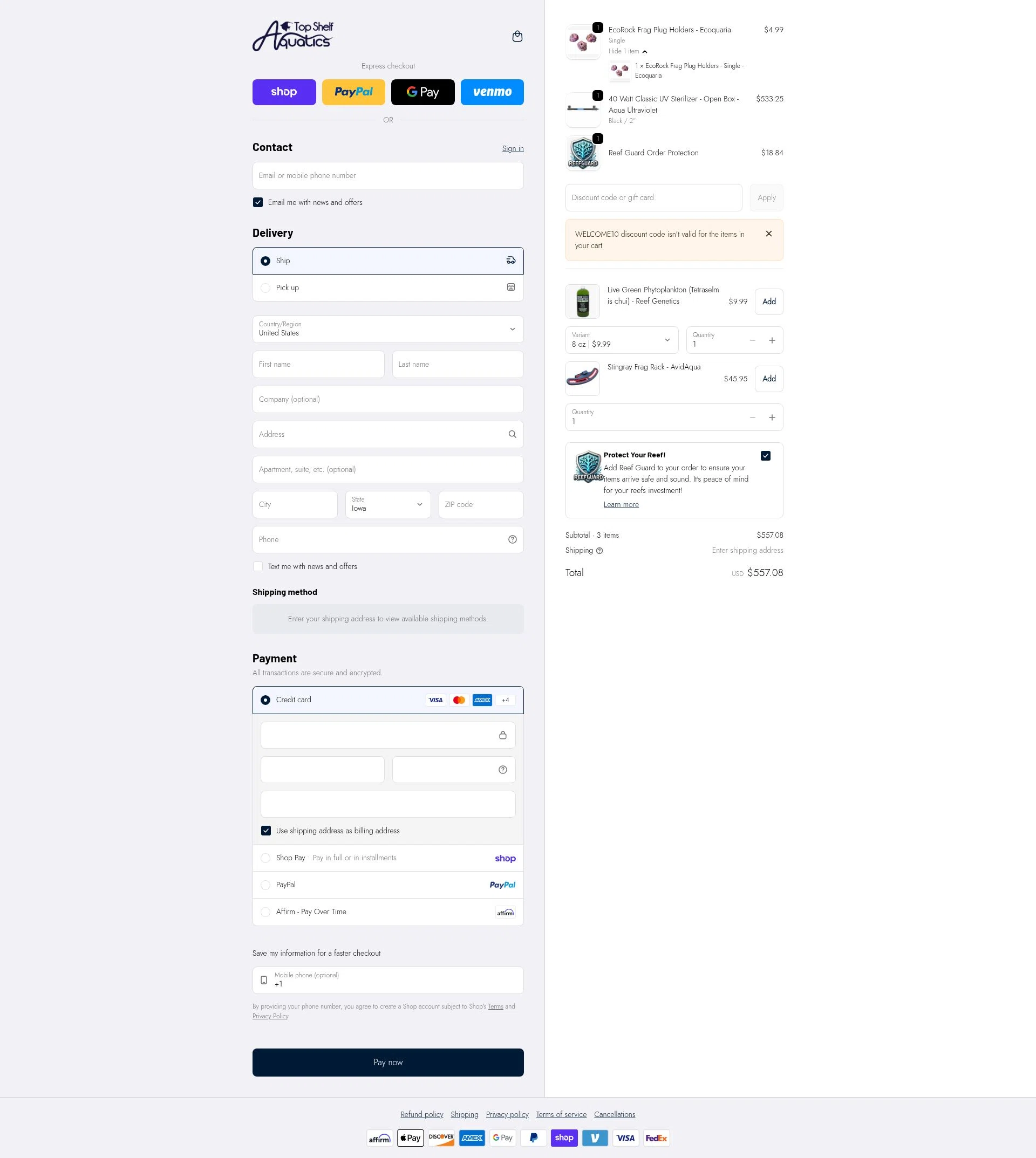 Top Shelf Aquatics checkout page showing Top Shelf Aquatics coupon code box | Screenshot taken by SimplyCodes community member on Feb 1, 2026