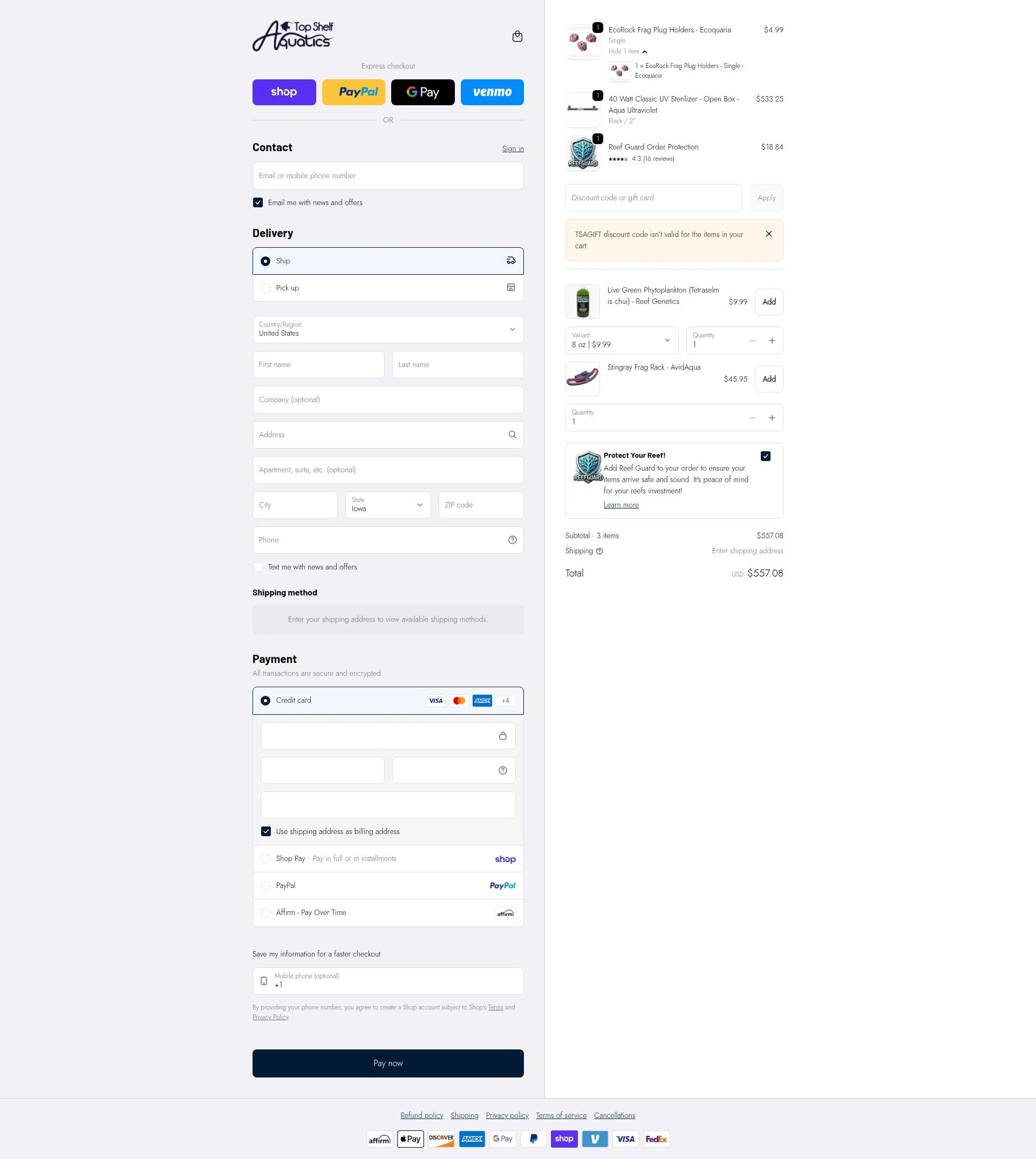 Top Shelf Aquatics checkout page showing Top Shelf Aquatics coupon code box | Screenshot taken by SimplyCodes community member on Feb 1, 2026
