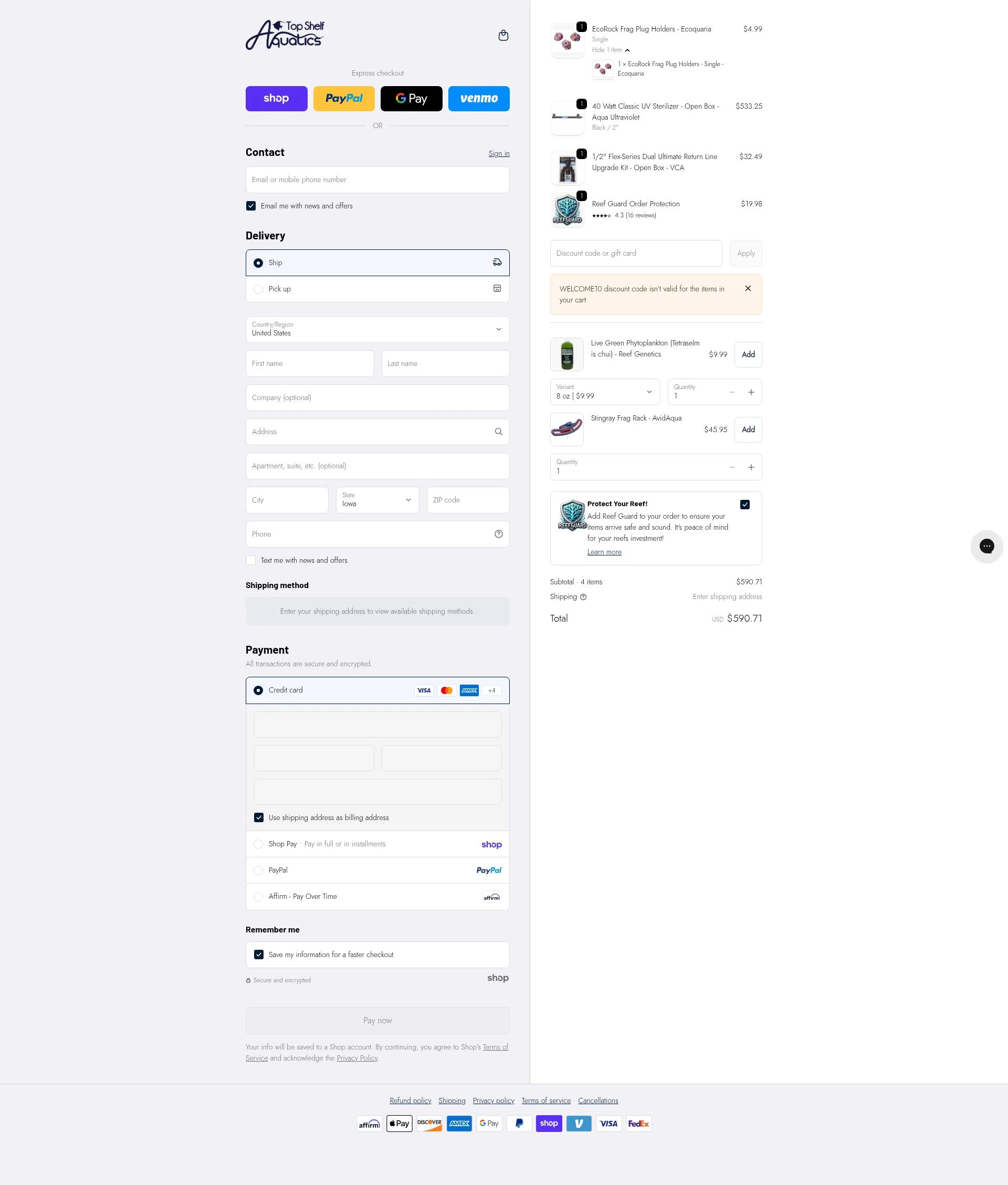Top Shelf Aquatics checkout page showing Top Shelf Aquatics coupon code box | Screenshot taken by SimplyCodes community member on Jan 28, 2026