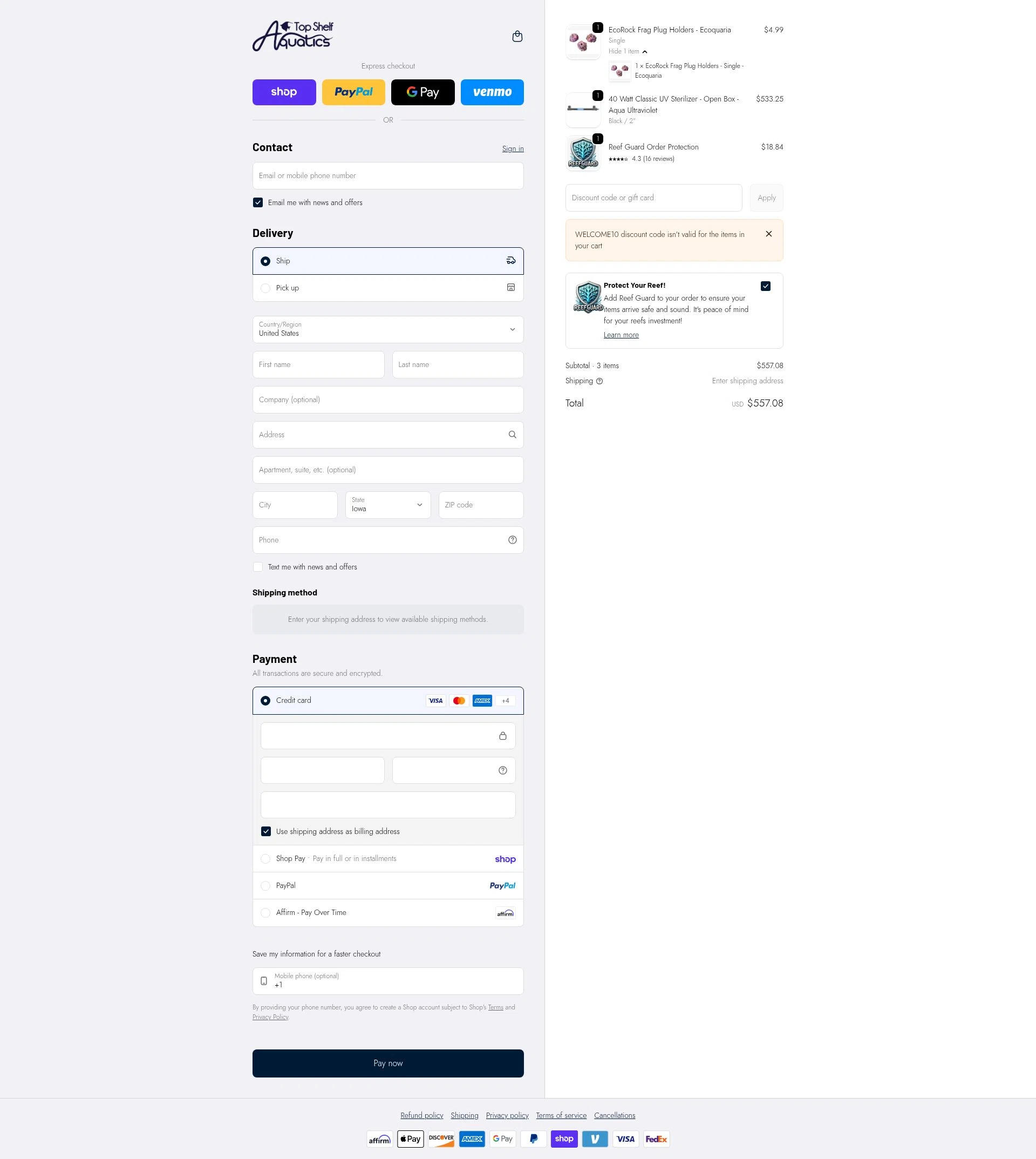 Top Shelf Aquatics checkout page showing Top Shelf Aquatics coupon code box | Screenshot taken by SimplyCodes community member on Feb 5, 2026