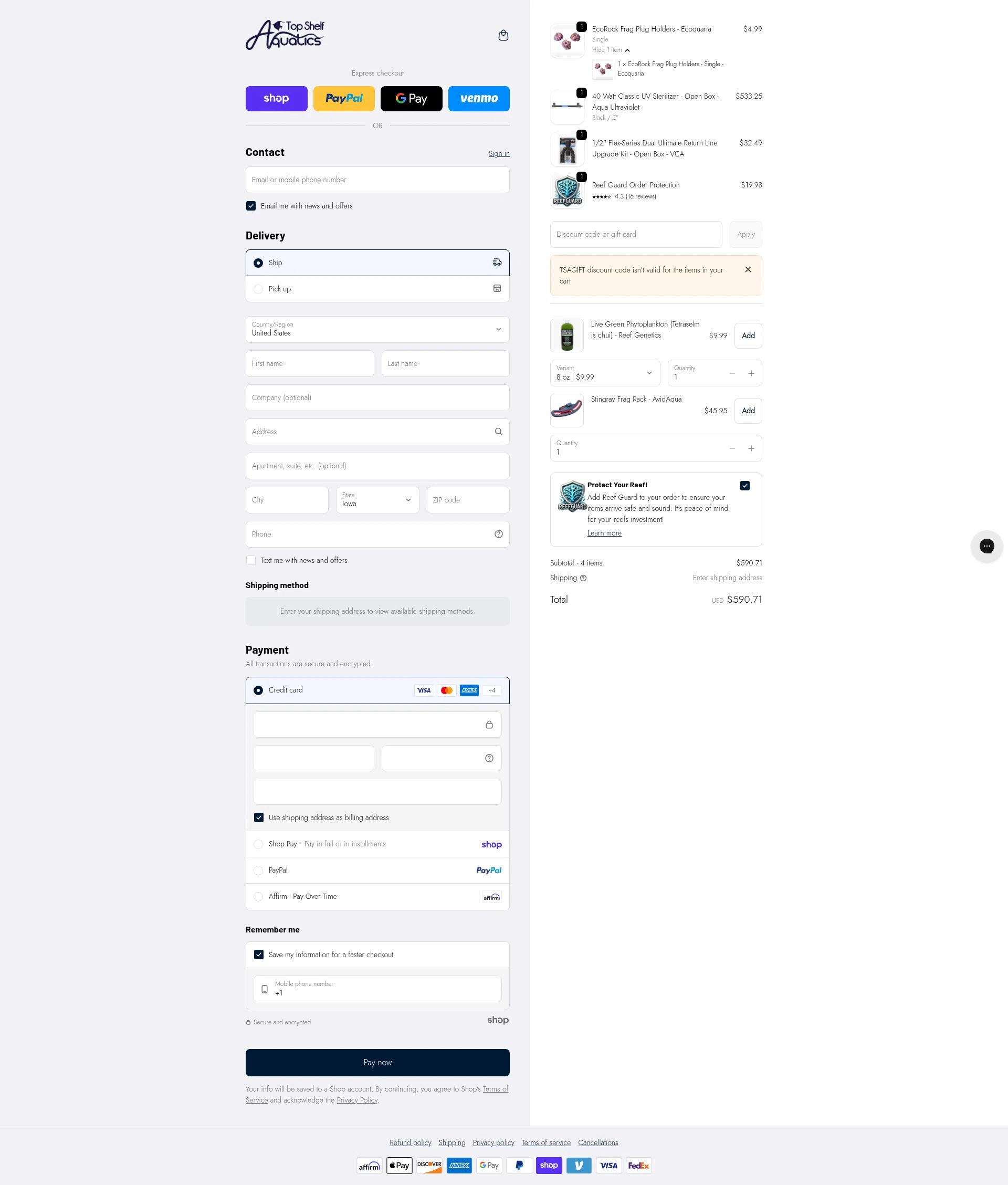 Top Shelf Aquatics checkout page showing Top Shelf Aquatics coupon code box | Screenshot taken by SimplyCodes community member on Jan 28, 2026