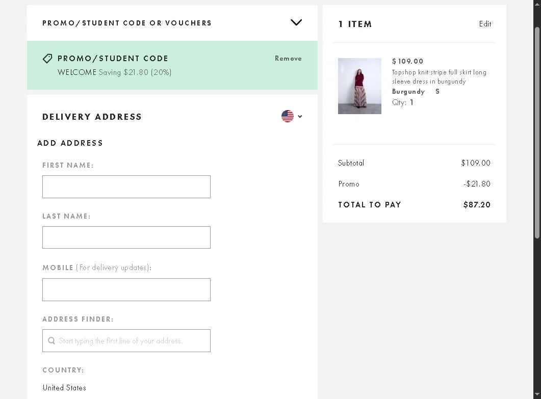 Topshop checkout page showing Topshop promo code box | Screenshot taken by SimplyCodes community member on Dec 20, 2025